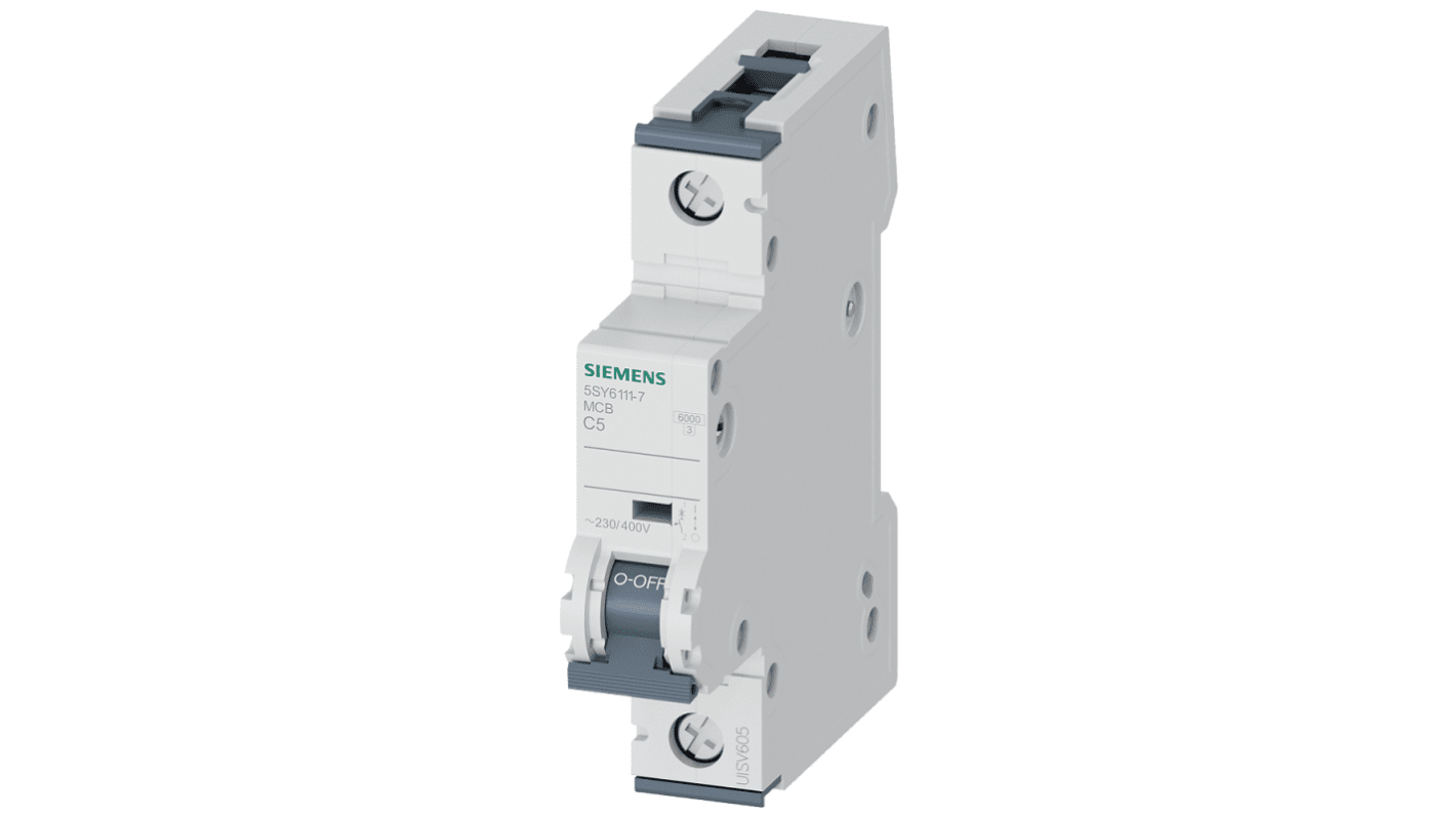Siemens SENTRON 5SY6 MCB, 1P, 5A Curve C, 440V AC, 6 kA Breaking Capacity