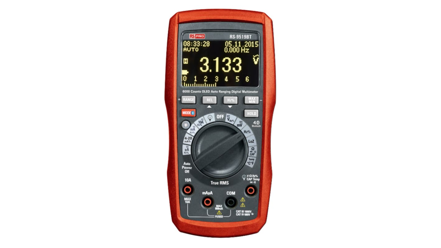 RS PRO RS-9519BT Handheld Digital Multimeter, 10A ac Max, 10A dc Max, 1000V ac Max - UKAS Calibrated