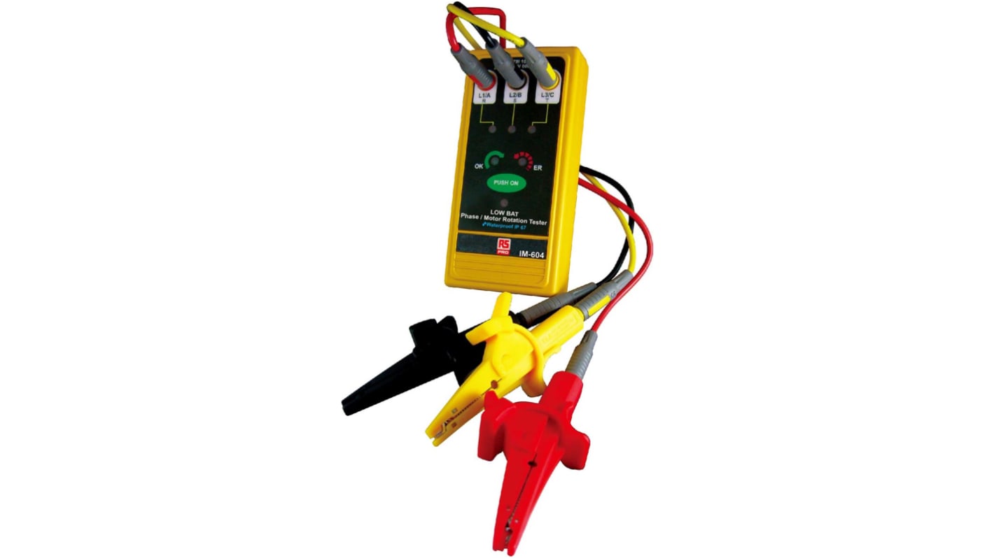 RS PRO Fázisforgás teszter Krokodilcsipesz CAT III 1000V, CAT IV 600V CATIII 1000V, CATIV 600V Érintkező 50 óra 9 V