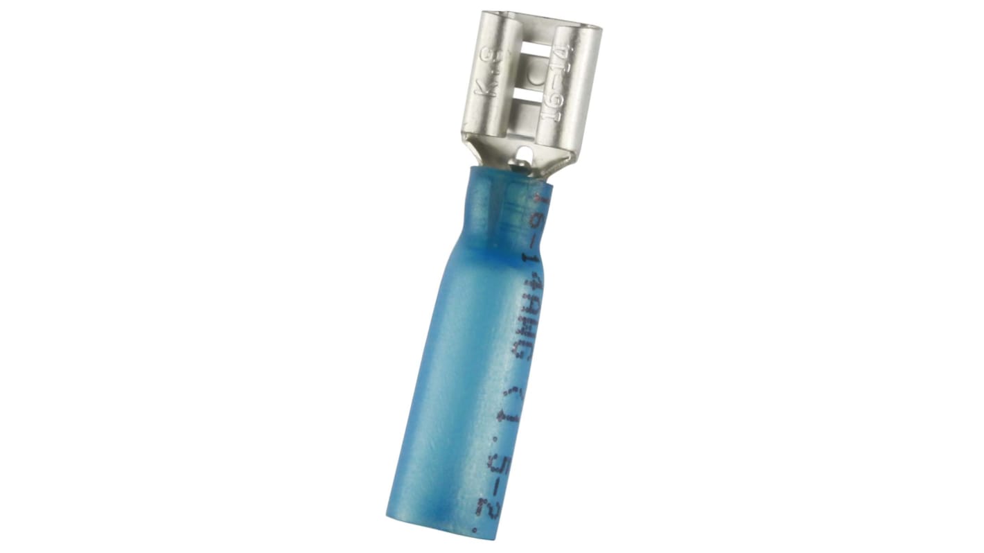 RS PRO Blue Insulated Female Spade Connector, Heat Shrinkable, 0.8 x 6.35mm Tab Size, 1.5mm² to 2.5mm²