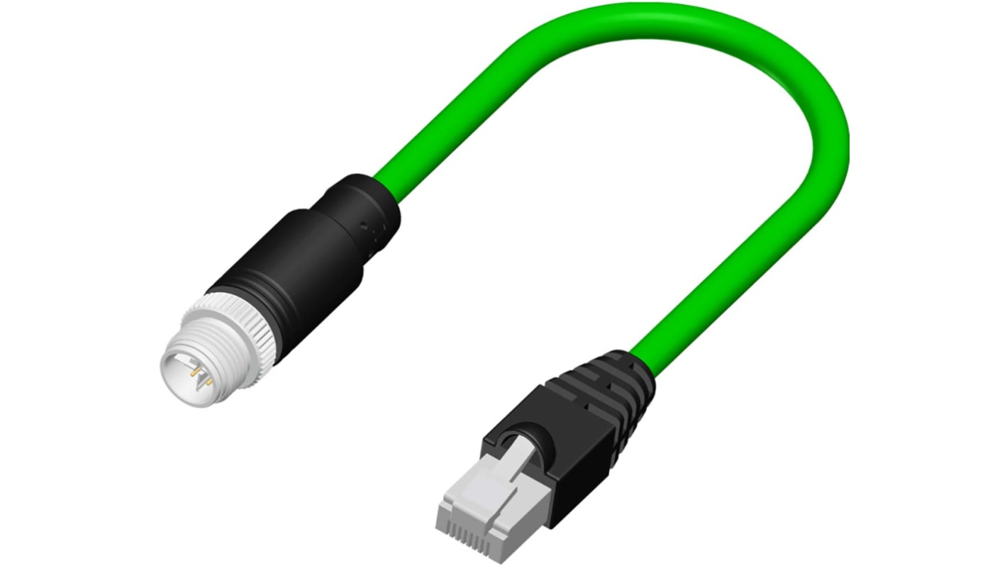 RS PRO Ethernetkabel Cat.6a, 1m, Grün Patchkabel, A M12 Kupfergeflecht verzinnt Stecker, B RJ45, Aussen ø 6.3mm, PVC