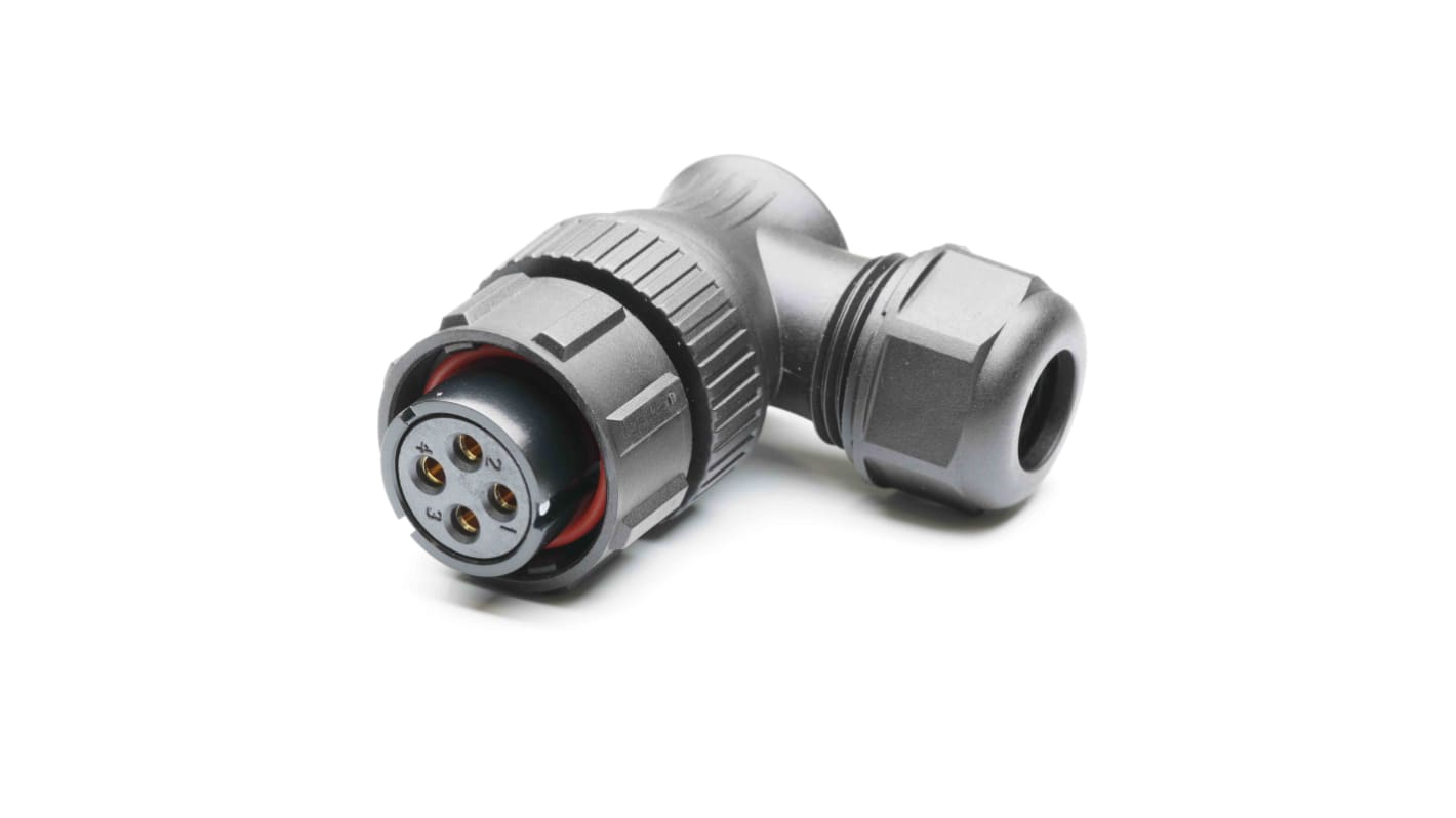Conector circular RS PRO macho Ángulo de 90° de 4 vías hembra, montaje aéreo, IP67
