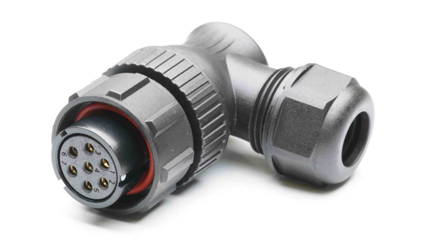 Conector circular RS PRO macho Ángulo de 90° de 7 vías hembra, montaje aéreo, IP67