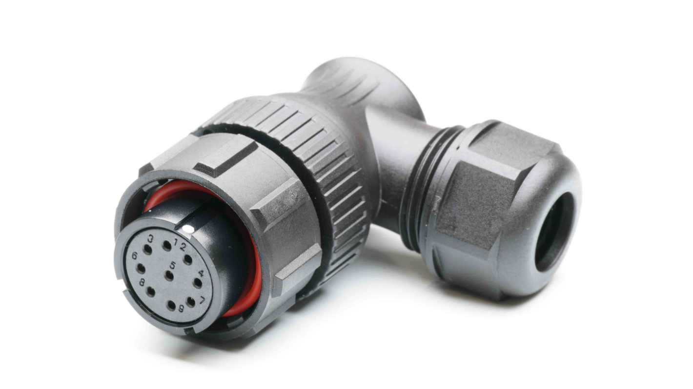 Conector circular RS PRO macho Ángulo de 90° de 9 vías hembra, montaje aéreo, IP67