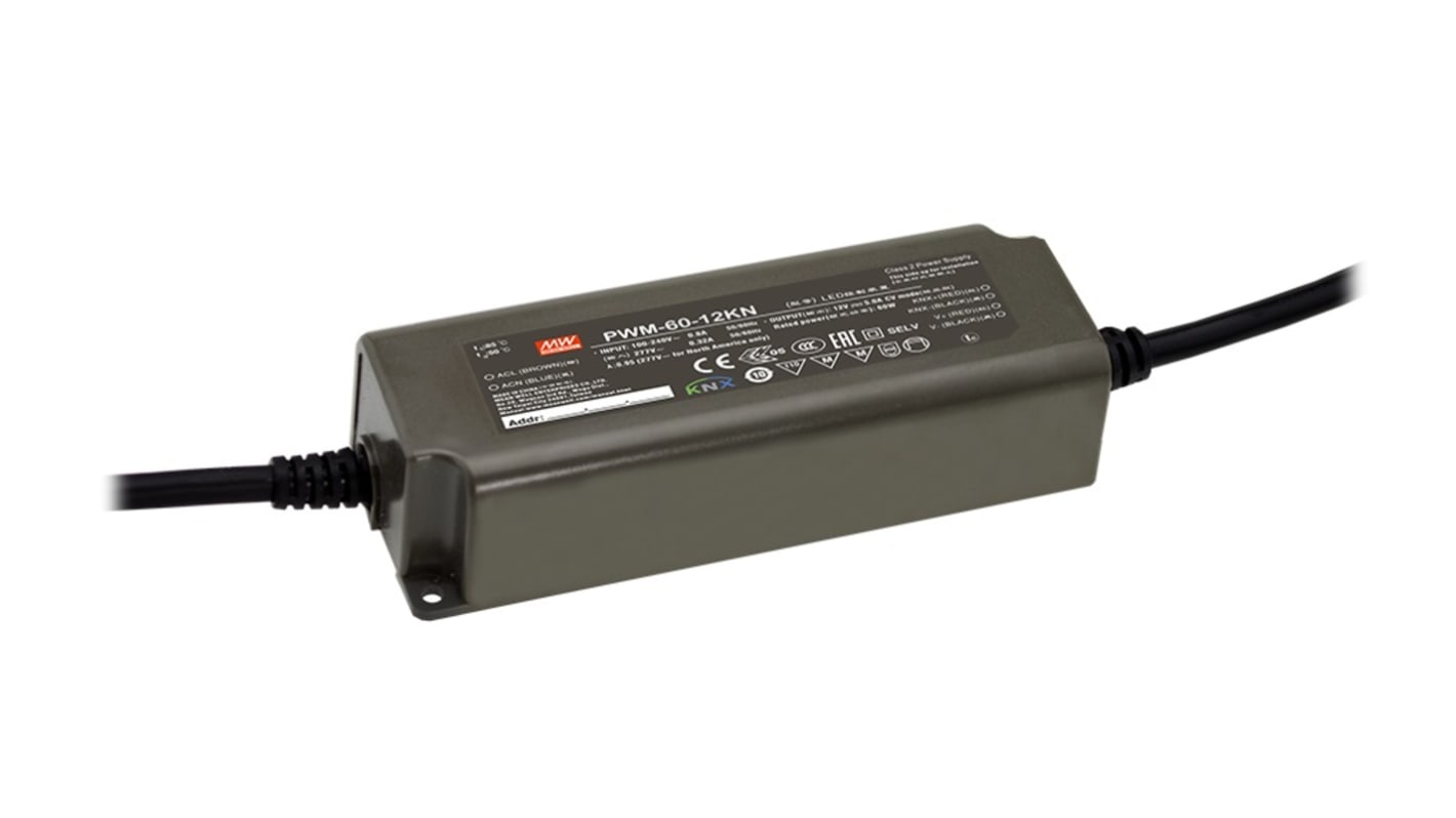 MEAN WELL 60W LED驱动电源, 输出24V 2.5A, 可调光, PWM-60-KN系列