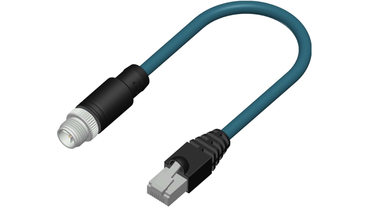 RS PRO, 3m Cat6a, Teal M12 to Male RJ45 Male, Terminated PUR Sheath