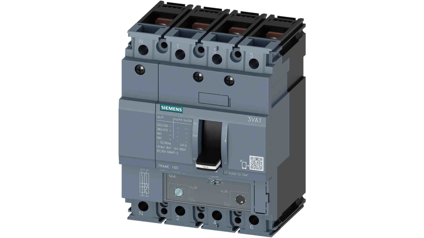 MCCB Siemens, 4 Polos, 100A, Capacidad de Ruptura 55 kA, Montaje fijo, SENTRON, 3VA