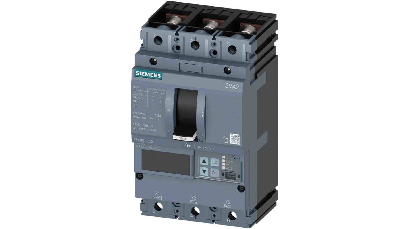 Interruttore magnetotermico scatolato 3VA2225-5JQ32-0AA0, 3, 250A, 690V, potere di interruzione 55 kA, Fissa