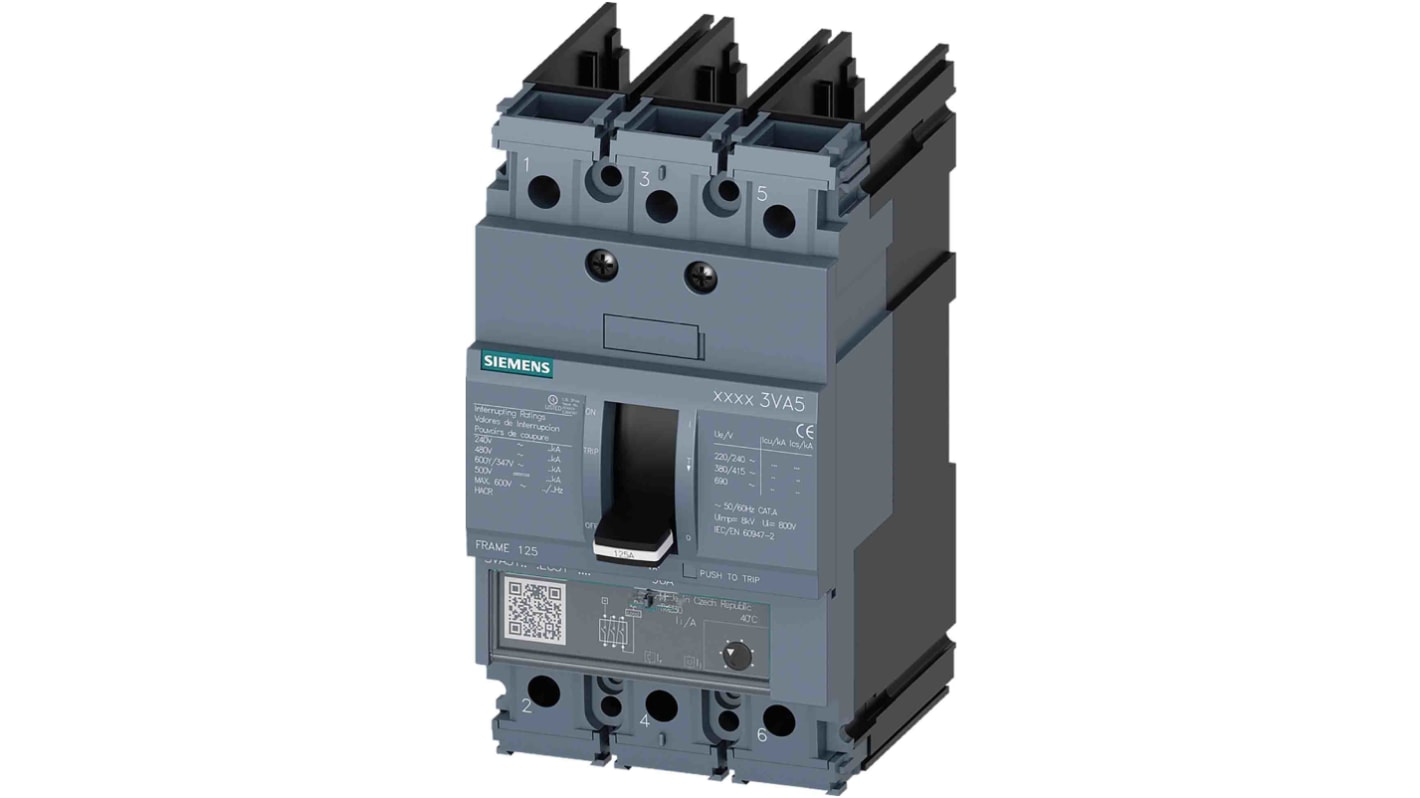 Siemens SENTRON 3VA, Leistungsschalter MCCB 3-polig, 125A / Abschaltvermögen 25 kA 690V 500V, Fest