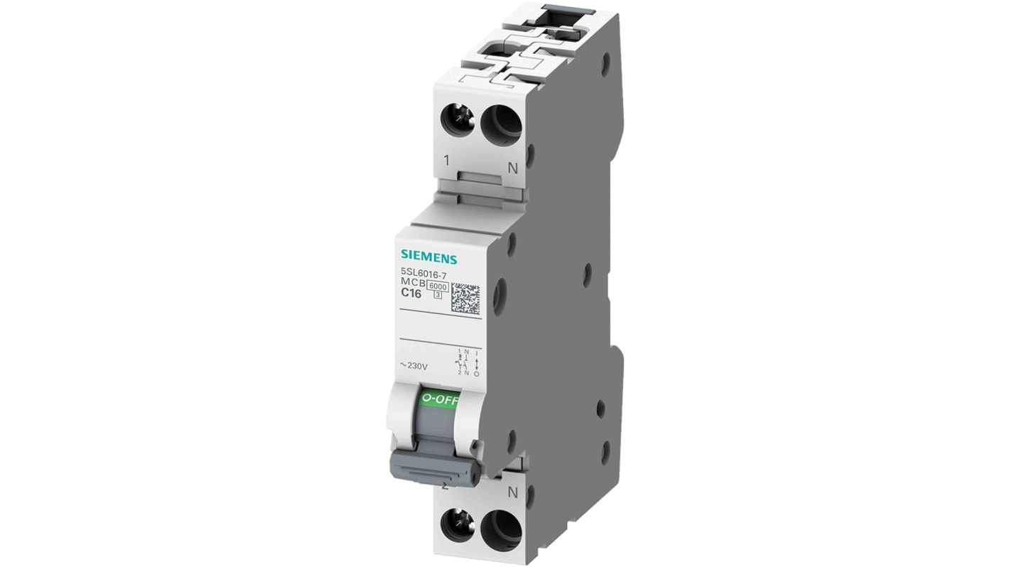 Siemens SENTRON 5SL6 MCB, 1+N, 4A Curve C, 230V AC, 6 kA Breaking Capacity
