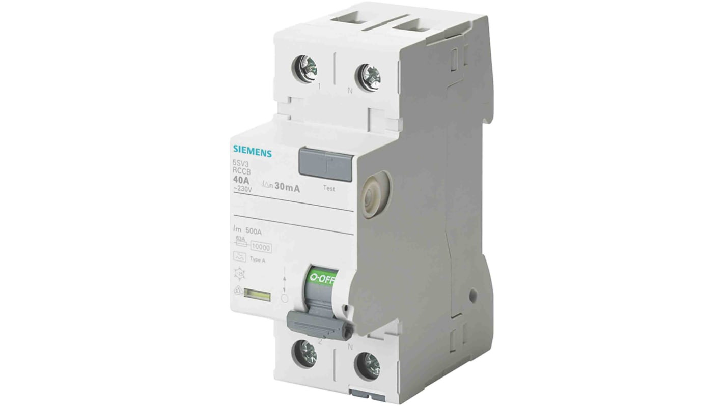 RCCB Siemens 5SV3, 2P, 40A, sensibilità 30mA, Modello F