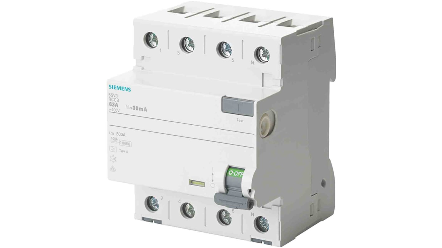 Siemens 5SV3 RCCB, 40A, 4 Pole, 100mA, Type A, 400V ac