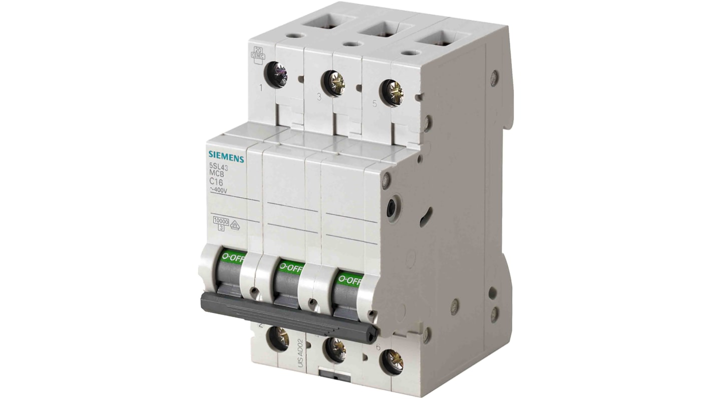 Siemens SENTRON 5SL4 MCB, 3P, 500mA Curve C, 400V AC, 10 kA Breaking Capacity