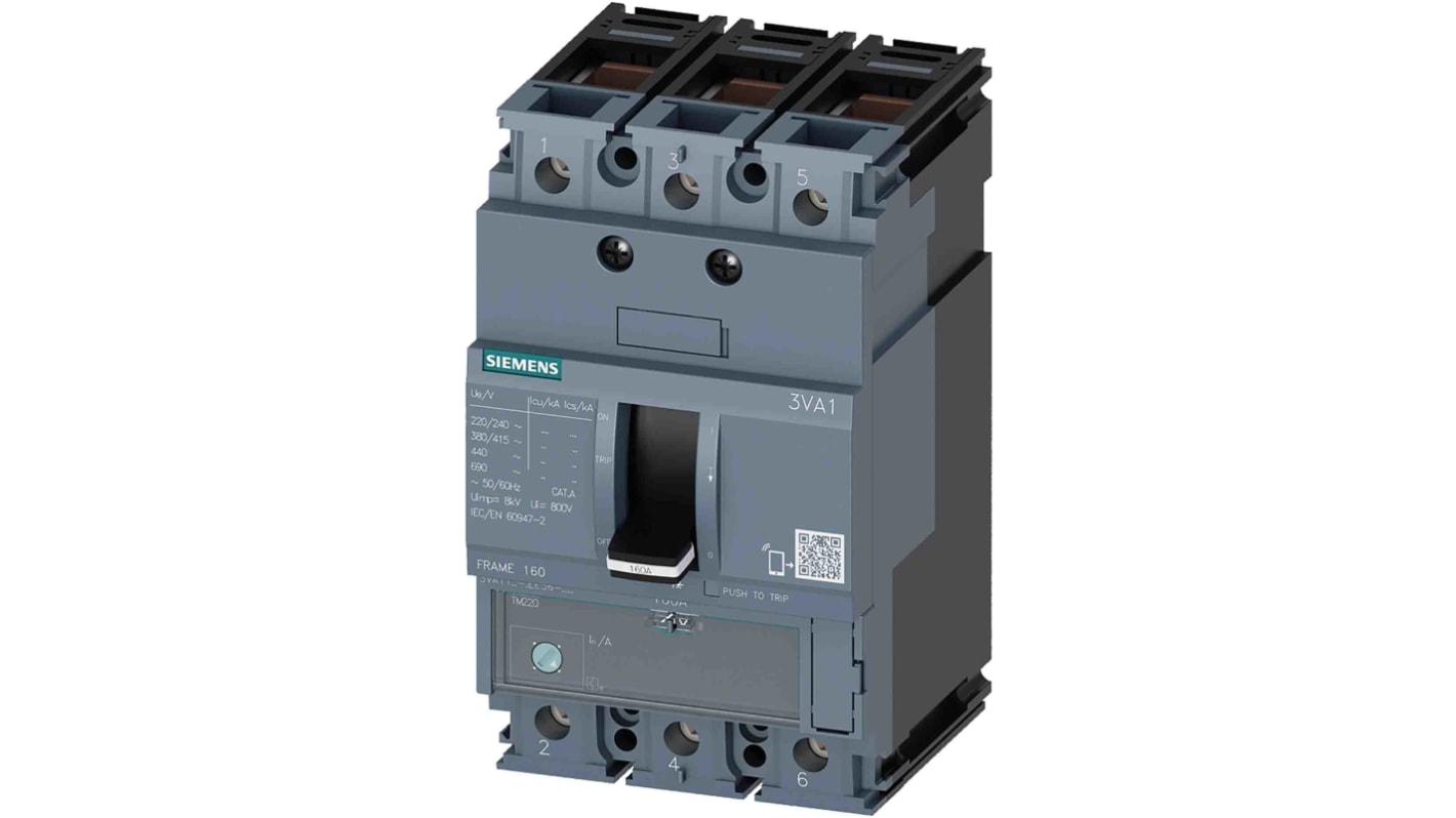 Siemens SENTRON 3VA1, Leistungsschalter MCCB 3-polig, 100A / Abschaltvermögen 55 kA 690V 500V, L. 76.2mm