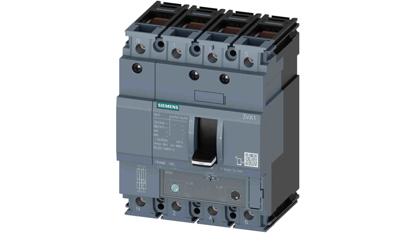 Siemens SENTRON 3VA1, Leistungsschalter MCCB 4-polig, 125A / Abschaltvermögen 36 kA 690V 600V, L. 101.6mm