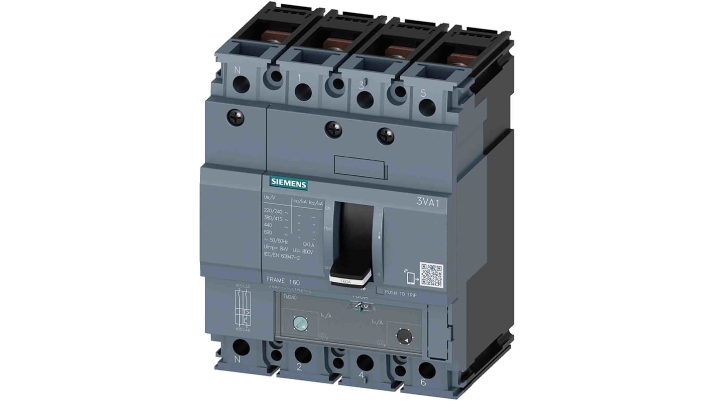 Siemens SENTRON 3VA1, Leistungsschalter MCCB 4-polig, 20A / Abschaltvermögen 25 kA 690V 600V, L. 101.6mm