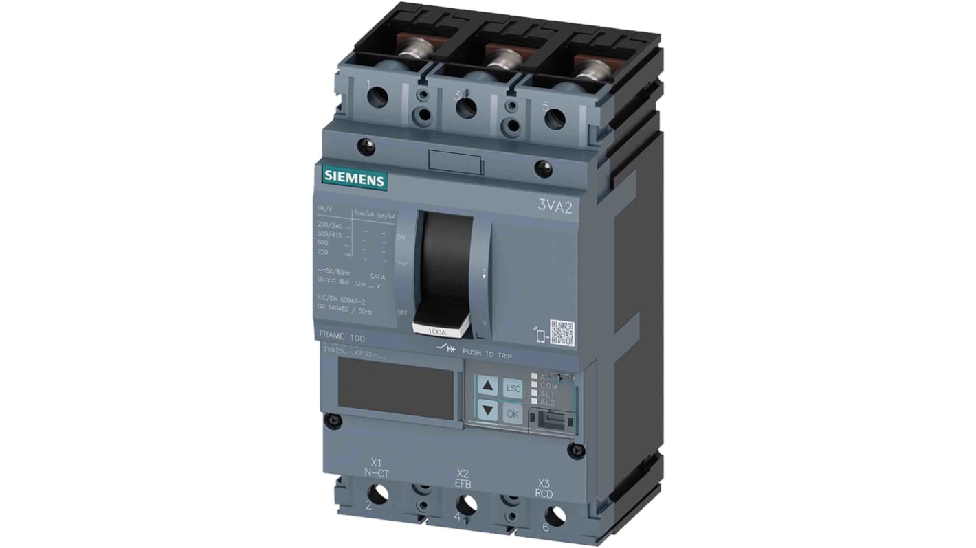 Siemens SENTRON 3VA2, Leistungsschalter MCCB 3-polig, 63A / Abschaltvermögen 85 kA 690V, L. 105mm