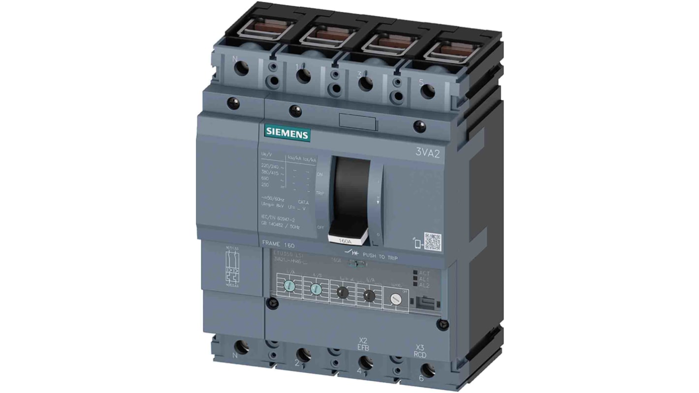 Siemens SENTRON 3VA2, Leistungsschalter MCCB 4-polig, 25A / Abschaltvermögen 85 kA 690V, L. 140mm