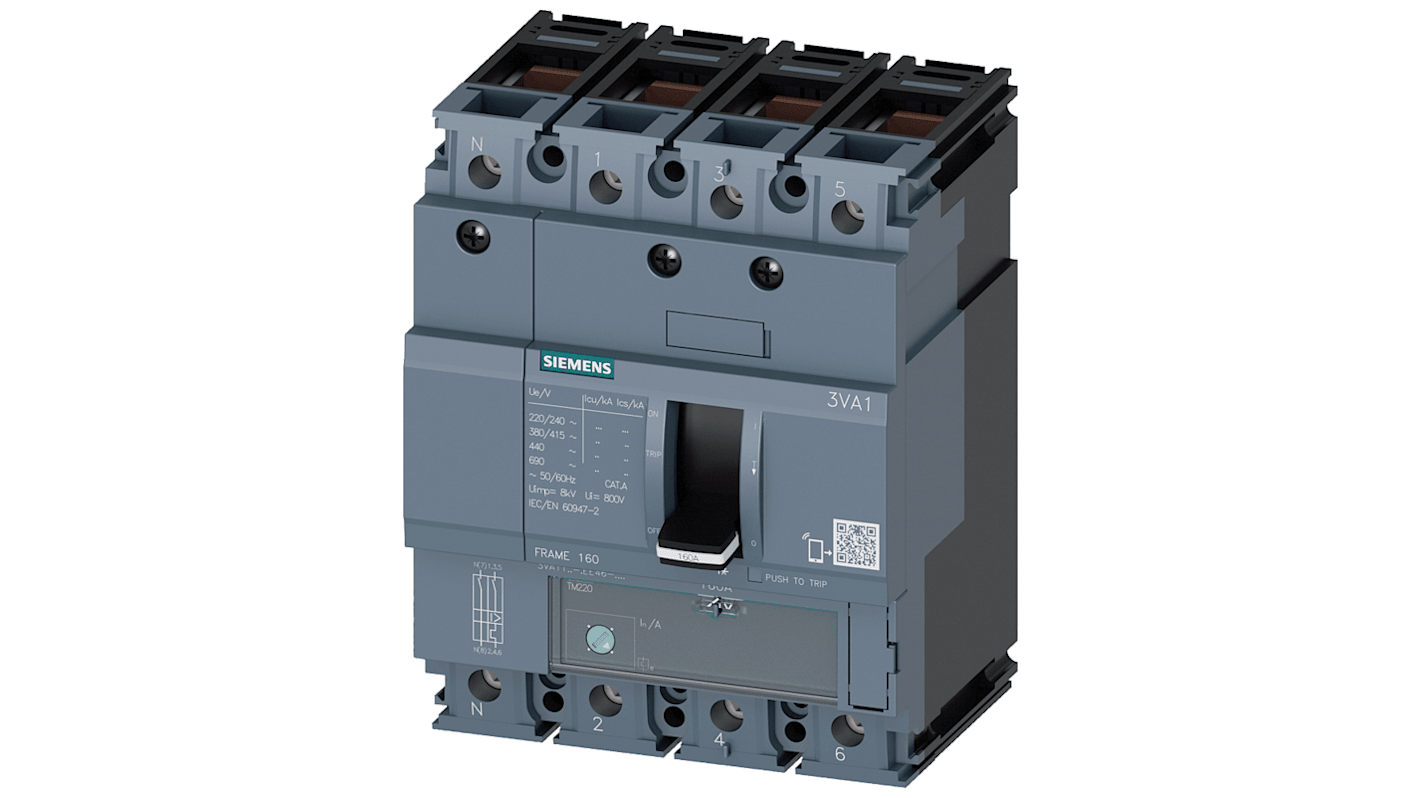 Siemens SENTRON 3VA1, Leistungsschalter MCCB 4-polig, 125A / Abschaltvermögen 25 kA 690V 600V, L. 101.6mm