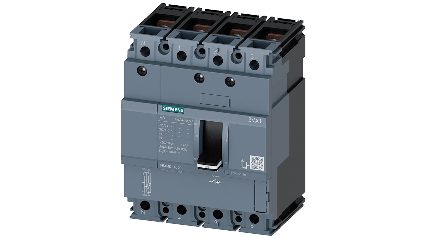 Siemens SENTRON 3VA1, Leistungsschalter MCCB 4-polig, 80A / Abschaltvermögen 25 kA 690V 600V, L. 101.6mm