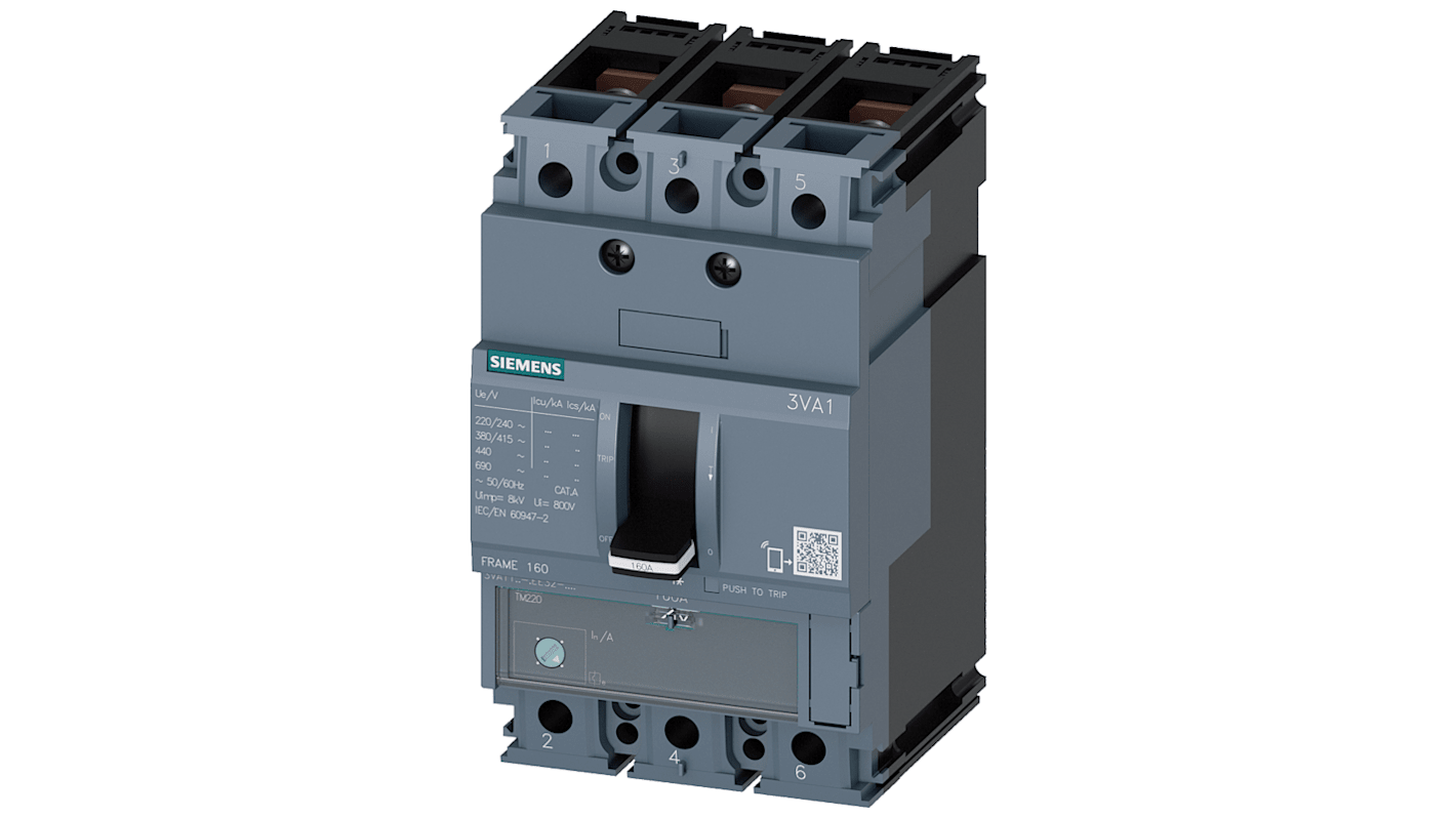 Wyłącznik kompaktowy MCCB, Typ H, 3-biegunowy, 16A, 690V, 500V, Siemens, 3VA1