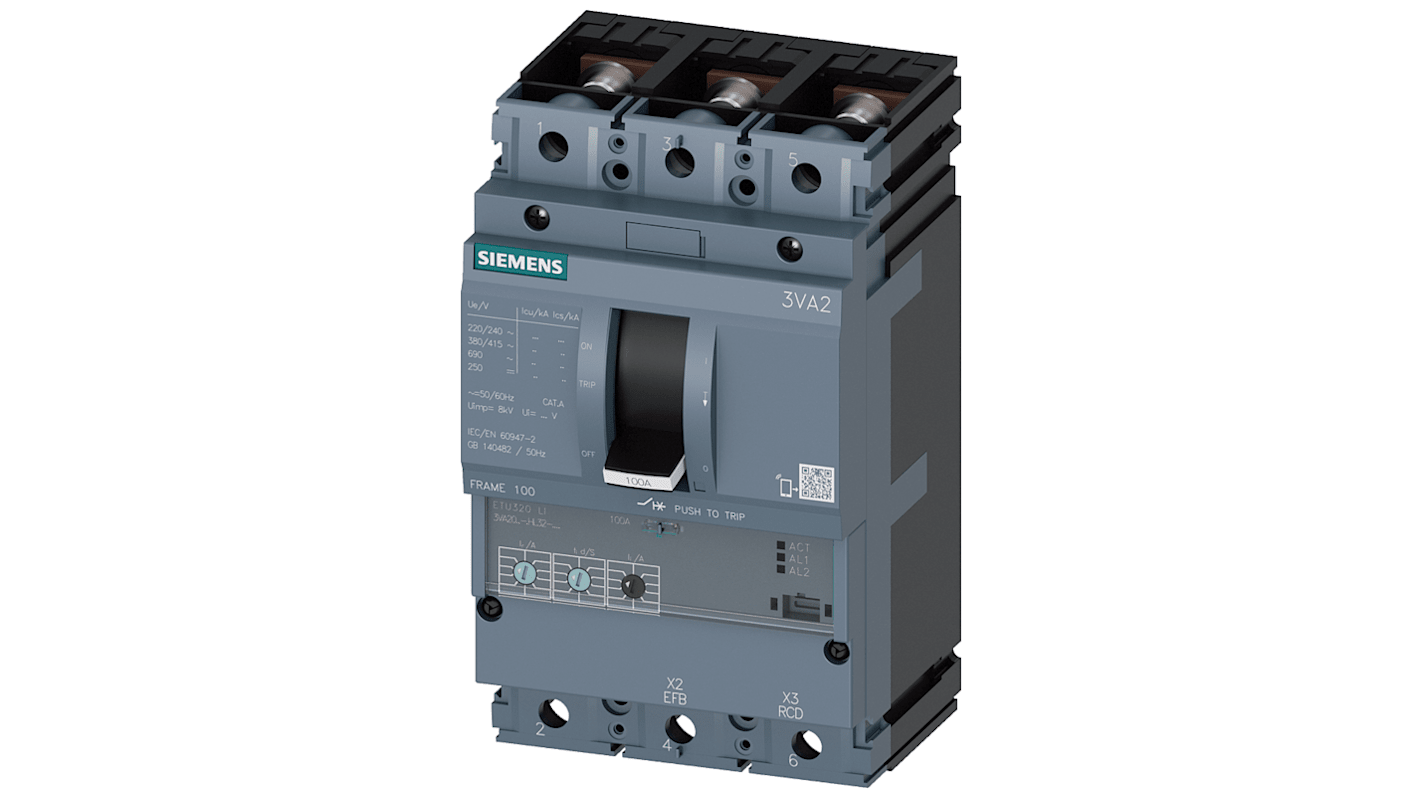 Siemens SENTRON 3VA2, Leistungsschalter MCCB 3-polig, 40A / Abschaltvermögen 55 kA 690V, L. 105mm