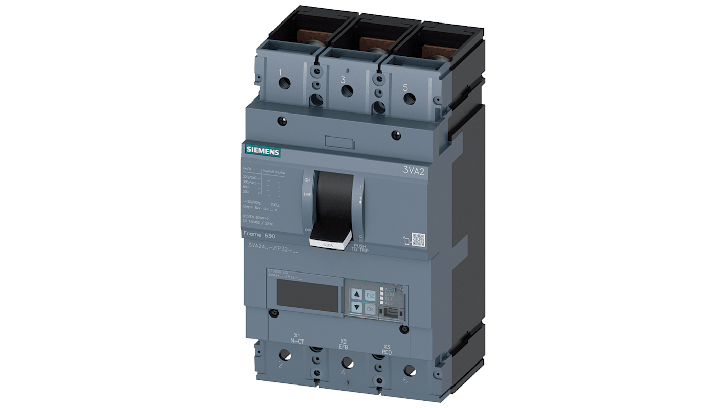 Siemens SENTRON 3VA2, Leistungsschalter MCCB 3-polig, 630A / Abschaltvermögen 85 kA 690V, L. 138mm