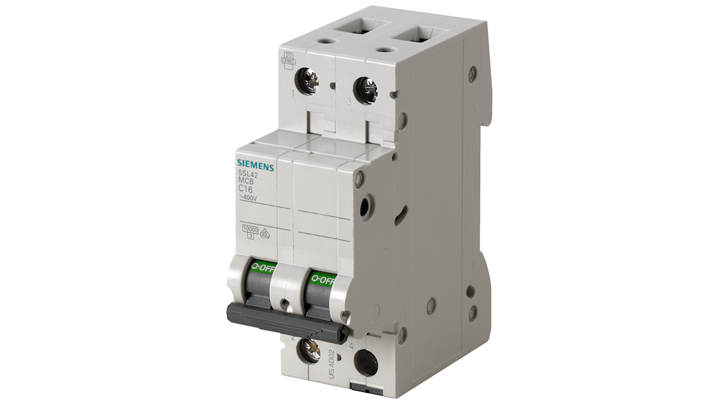 Siemens 5SL4 MCB Leitungsschutzschalter Typ C, 2-polig 1.6A 400V SENTRON DIN-Schienen-Montage