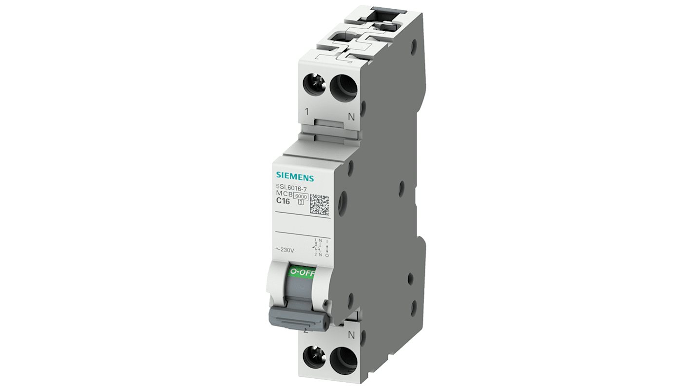 Siemens SENTRON 5SL6 MCB, 1P+N, 16A Curve B, 230V AC