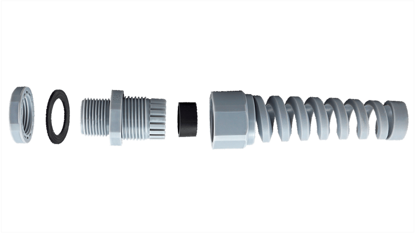 Prensaestopas RS PRO de Nylon 66 Gris, rosca PG9, contratuerca incluida, IP68, Pirorretardante, autoextinguible