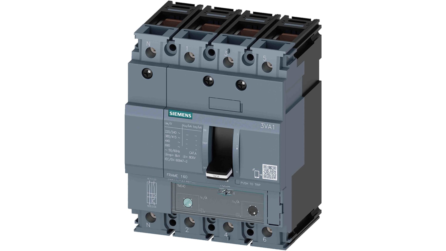 Siemens SENTRON 3VA1, Leistungsschalter MCCB 4-polig, 50A / Abschaltvermögen 36 kA 690V 600V, L. 101.6mm