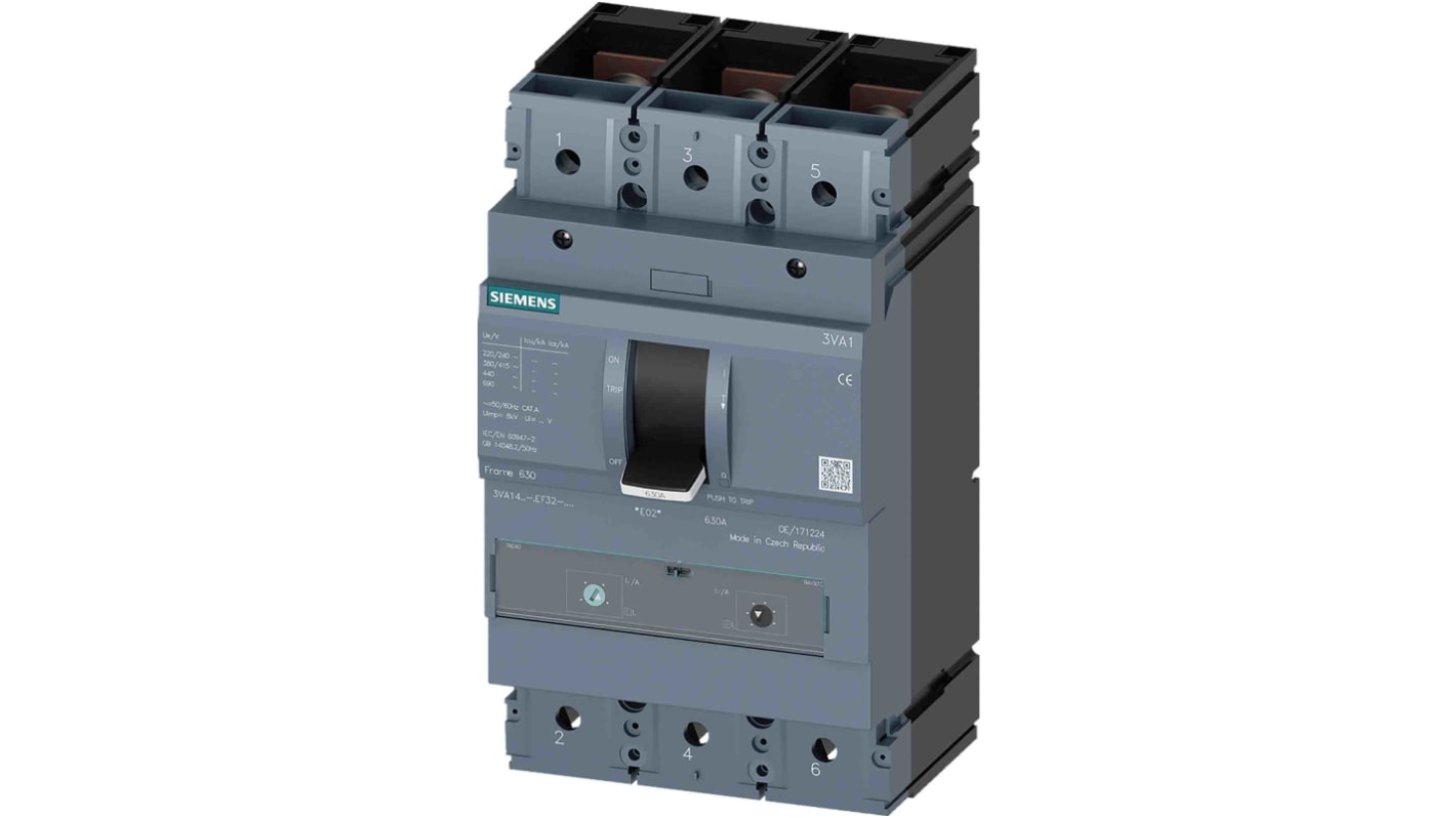 Wyłącznik kompaktowy MCCB, 3-biegunowy, 500A, 690V, Stałe, Siemens, 3VA1