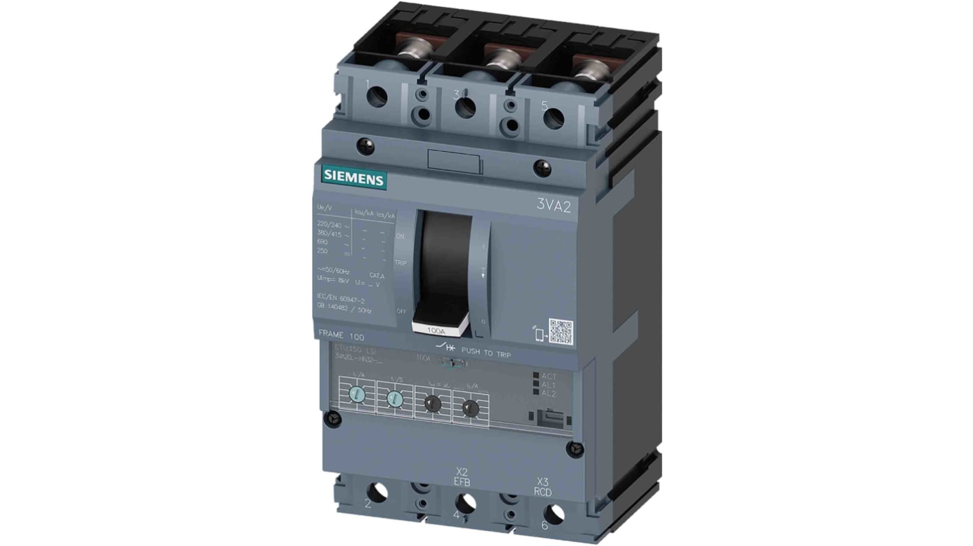 MCCB Siemens, 4 Polos, 100A, Capacidad de Ruptura 55 kA, Montaje fijo, SENTRON, 3VA2