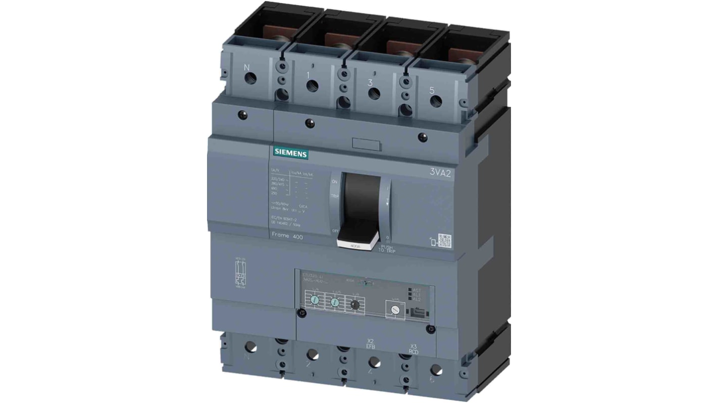 MCCB Siemens, 4 Polos, 400A, Capacidad de Ruptura 85 kA, Montaje fijo, SENTRON, 3VA2