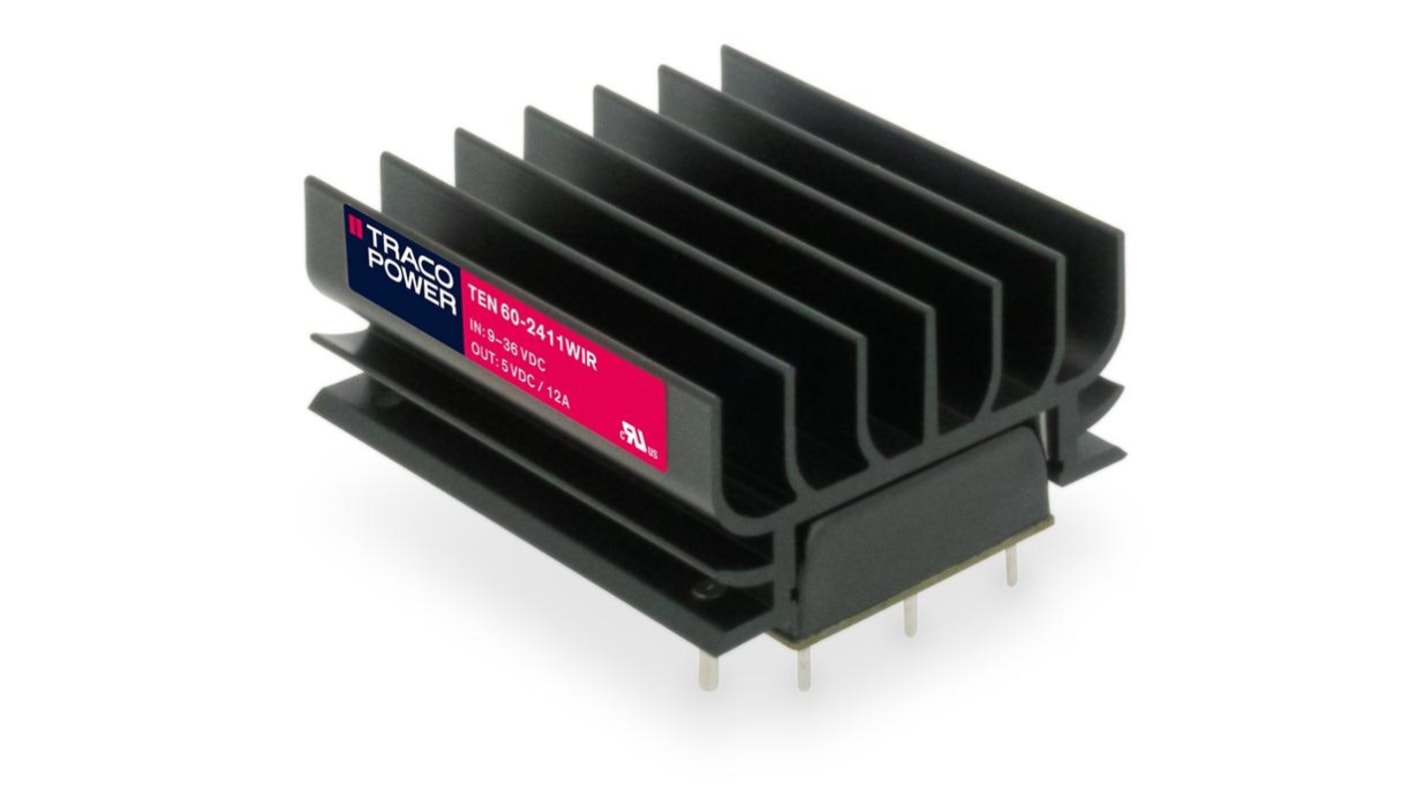 TRACOPOWER TEP 60WIR DC-DC Converter, 5V dc/ 12A Output, 9 → 36 V dc Input, 60W, Through Hole, +85°C Max Temp