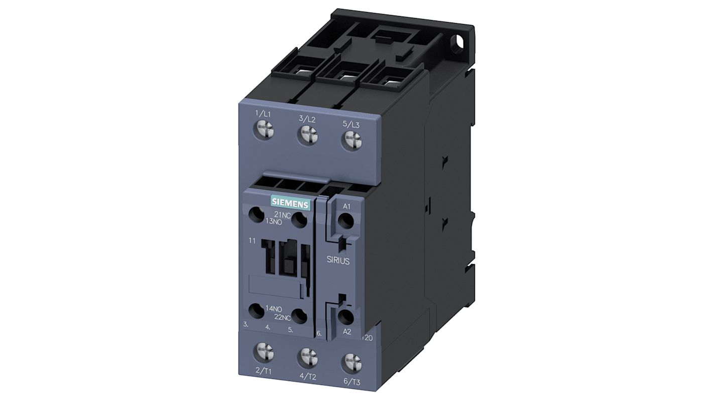 Siemens SIRIUS 3RT Size S2, 3RT2 Contactor, 3-Pole, 22 kW, 1NO + 1NC