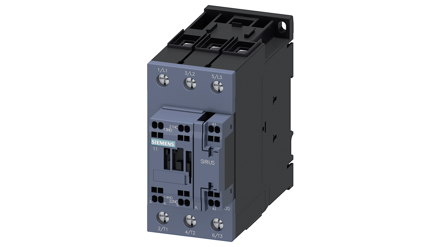 Siemens SIRIUS 3RT Size S2, 3RT2 Contactor, 3-Pole, 22 kW, 1NO + 1NC