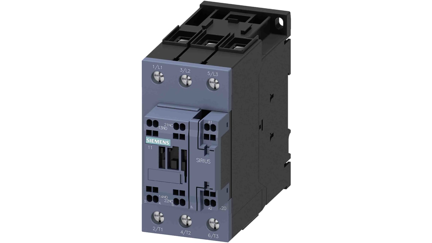 Siemens SIRIUS 3RT Size S2, 3RT2 Contactor, 3-Pole, 22 kW, 1NO + 1NC