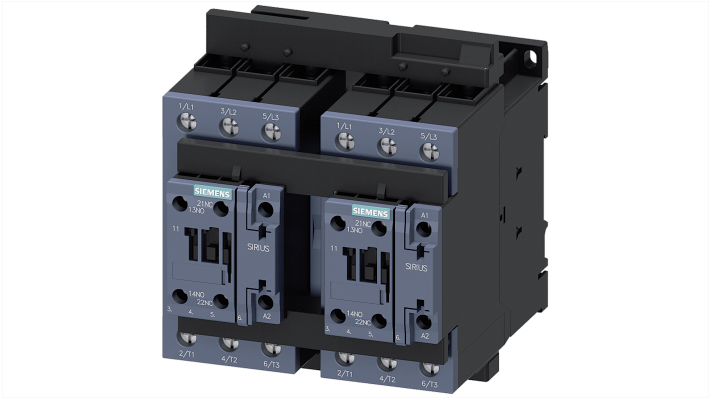 Siemens SIRIUS Reversing Contactor, 230 V ac Coil, 3-Pole, 50 A, 22 kW, 3NO