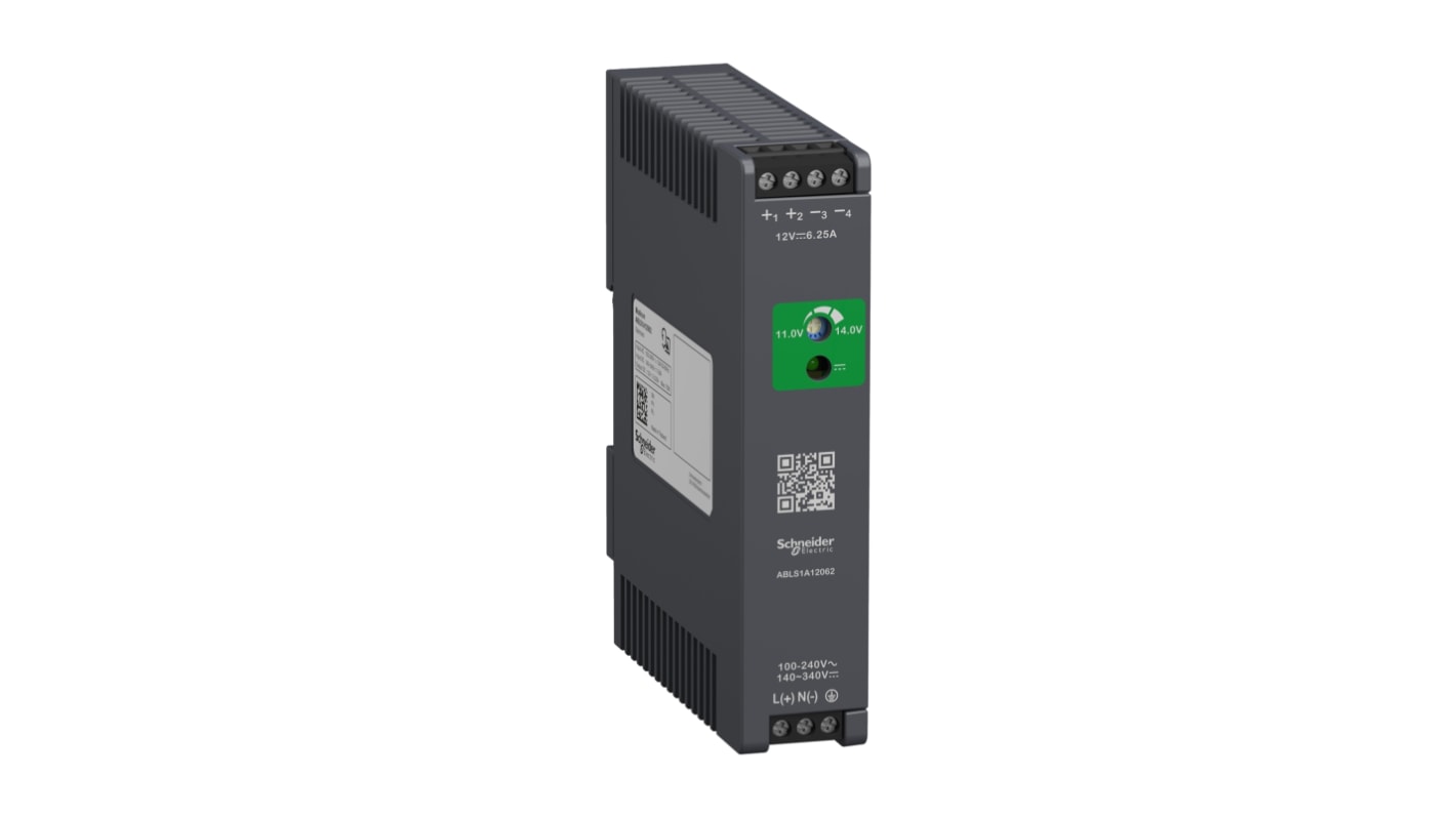 Schneider Electric ABLS1A DIN Rail Power Supply, 100-240 V, 140-340 V ac, dc Input, 12V dc Output, 6.25A Output