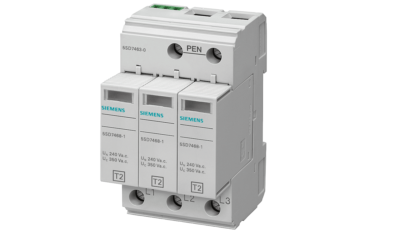 Siemens 单相浪涌保护器, 最大25kA, 脉冲放电40kA, DIN导轨安装, -40°C→+80°C, 5SD系列