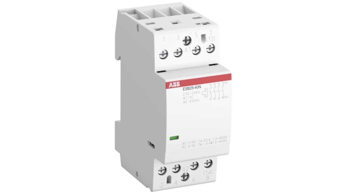 Contattore ABB, serie ESB, 4 poli, 2 NO + 2 NC, 25 A, 1,3 kW, bobina 230 → 240 V