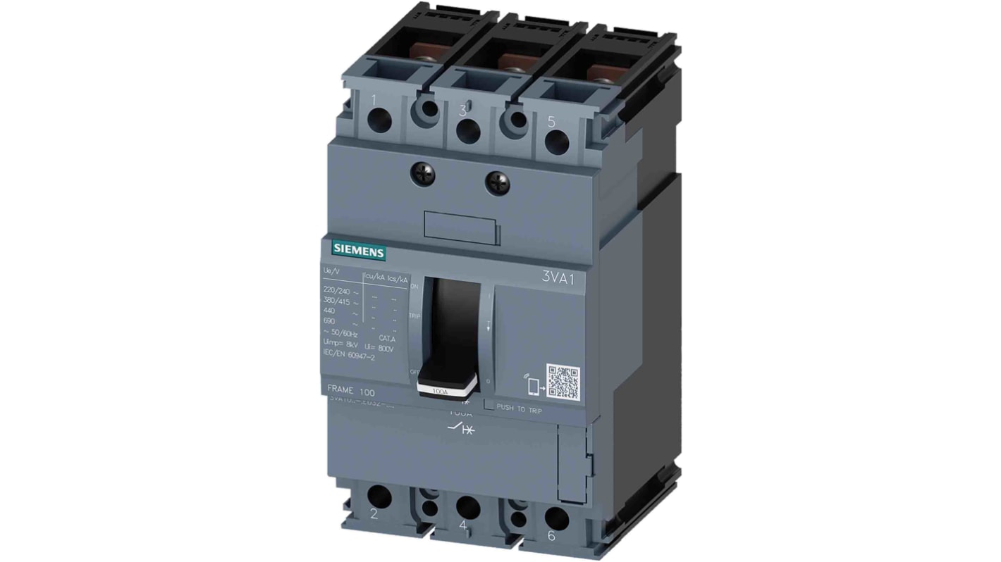 Wyłącznik kompaktowy MCCB, 3-biegunowy, 32A, 690V, 500V, Stałe, Siemens, 3VA10