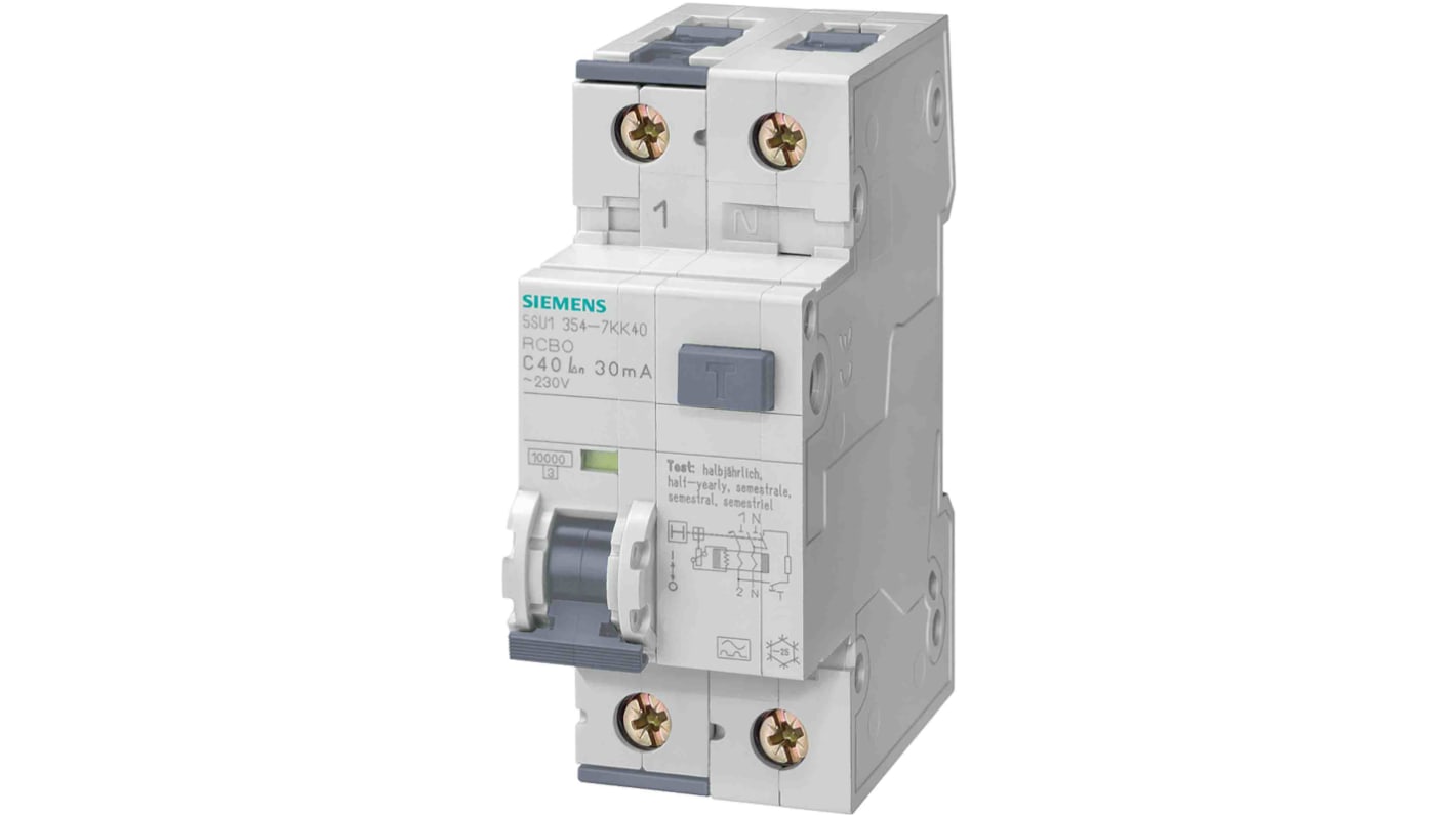 Siemens RCBO, 13A Current Rating, 2P Poles, 10mA Trip Sensitivity, SENTRON Range