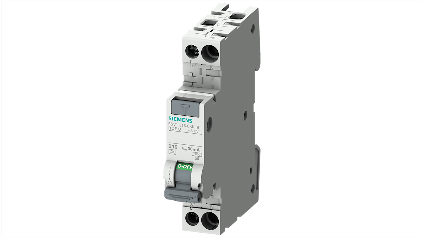 Siemens RCBO, 6A Current Rating, 2P Poles, 30mA Trip Sensitivity, Type A, SENTRON Range