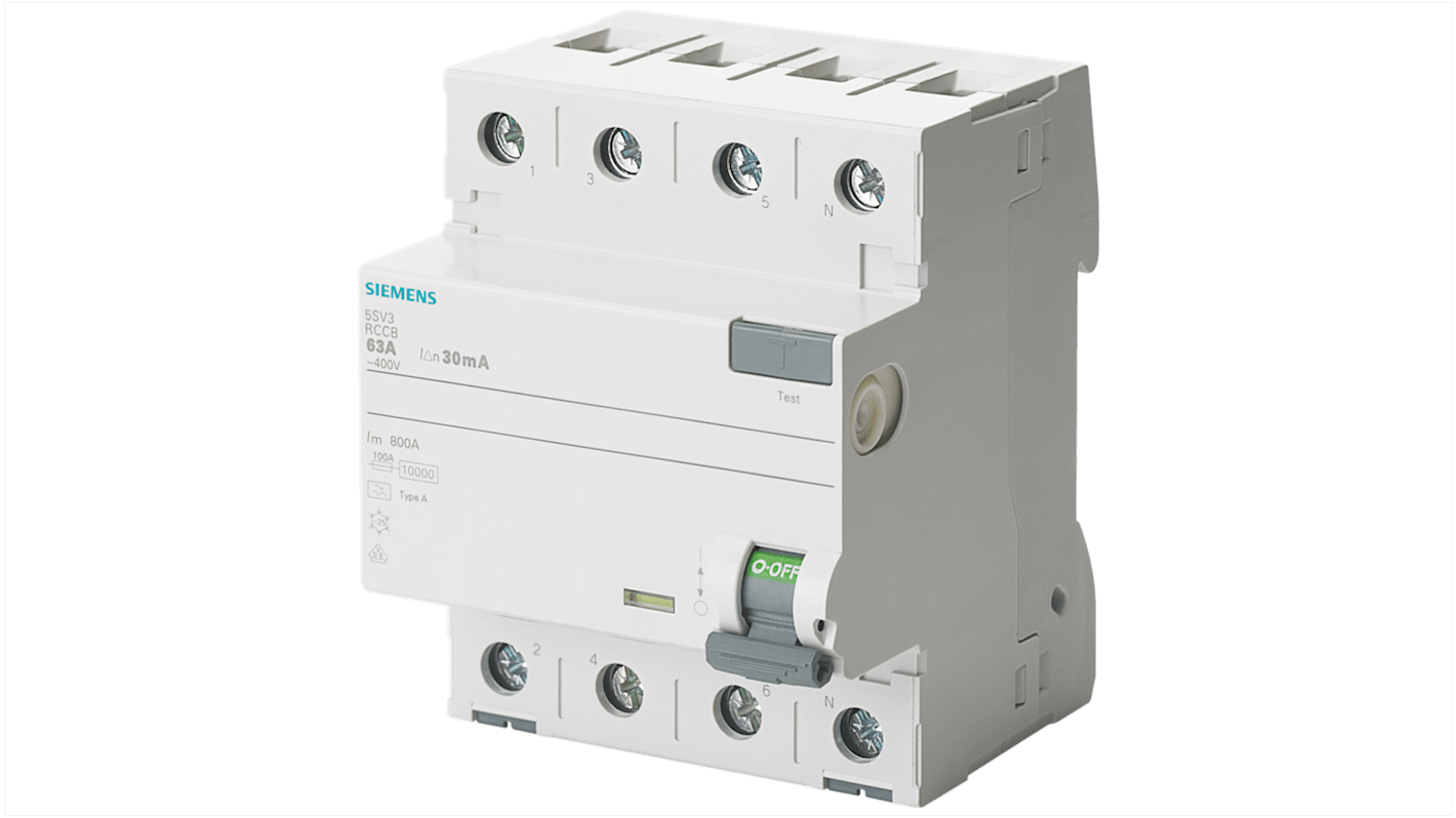 RCCB Siemens 5SV3, 4P, 63A, sensibilità 30mA, Modello F