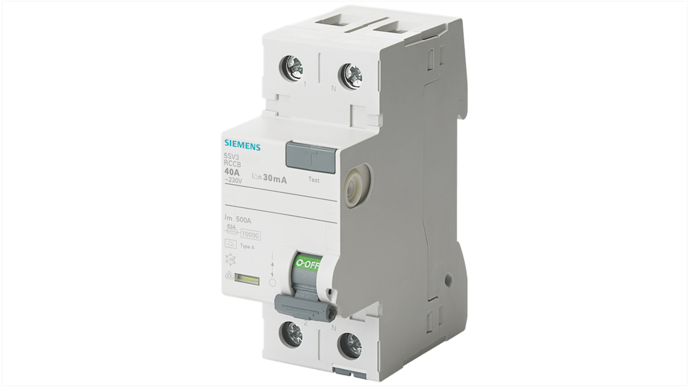 RCCB Siemens, 63A Tipo A, 2 Polos, 300mA SENTRON 230V ac