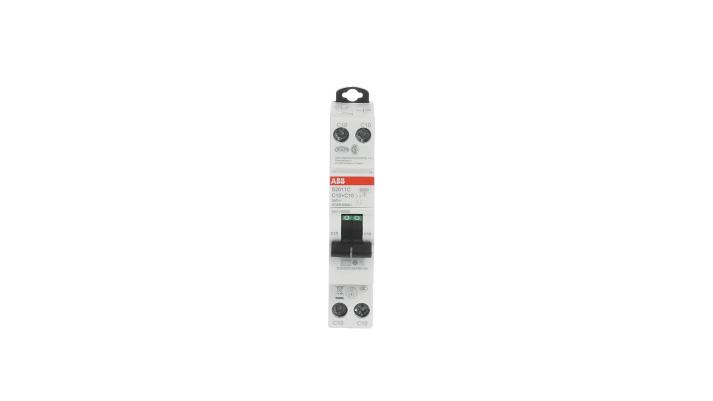 ABB S200C MCB, 2P, 10A Curve C, 240V AC, 6 kA Breaking Capacity