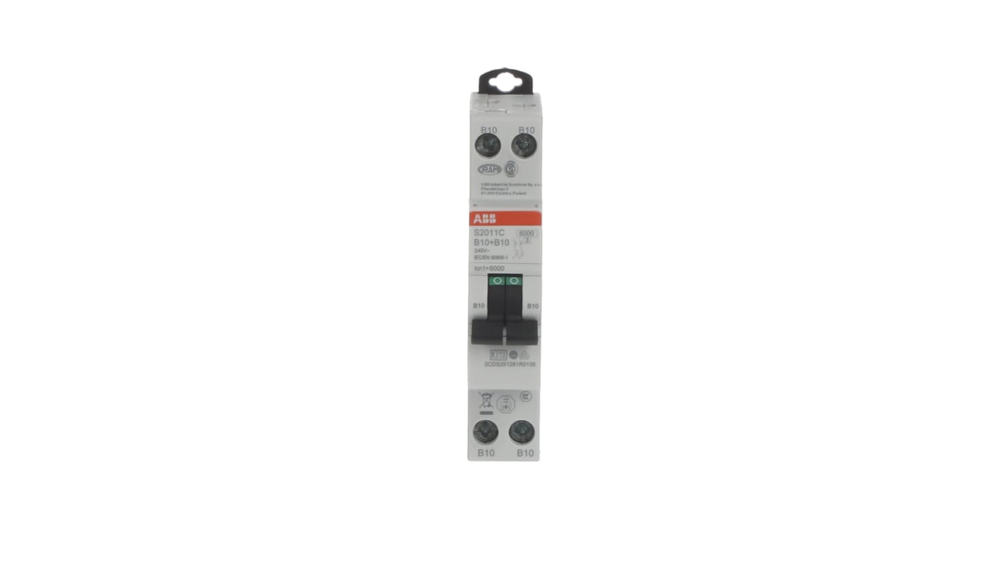 ABB S200C MCB, 2P, 10A Curve B, 240V AC, 6 kA Breaking Capacity