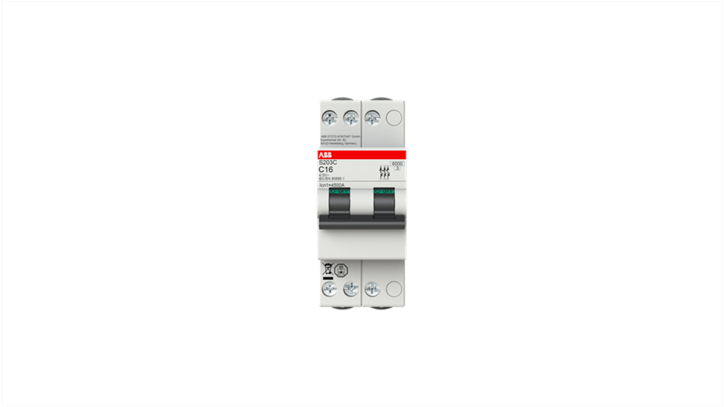 ABB S200C MCB, 3P, 2A Curve B, 415V AC, 6 kA Breaking Capacity